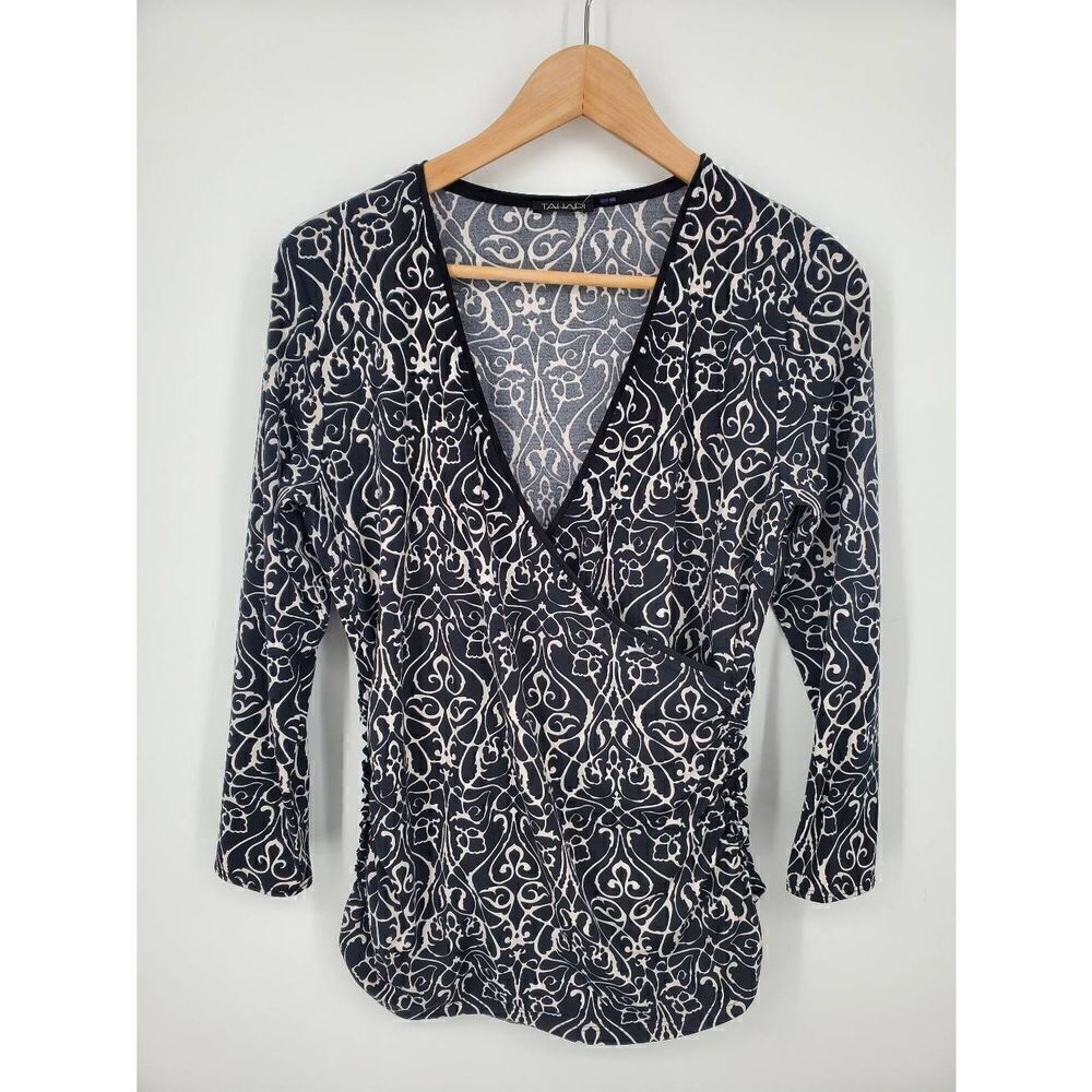 Tahari Women's Black White Faux Wrap Top Size Small